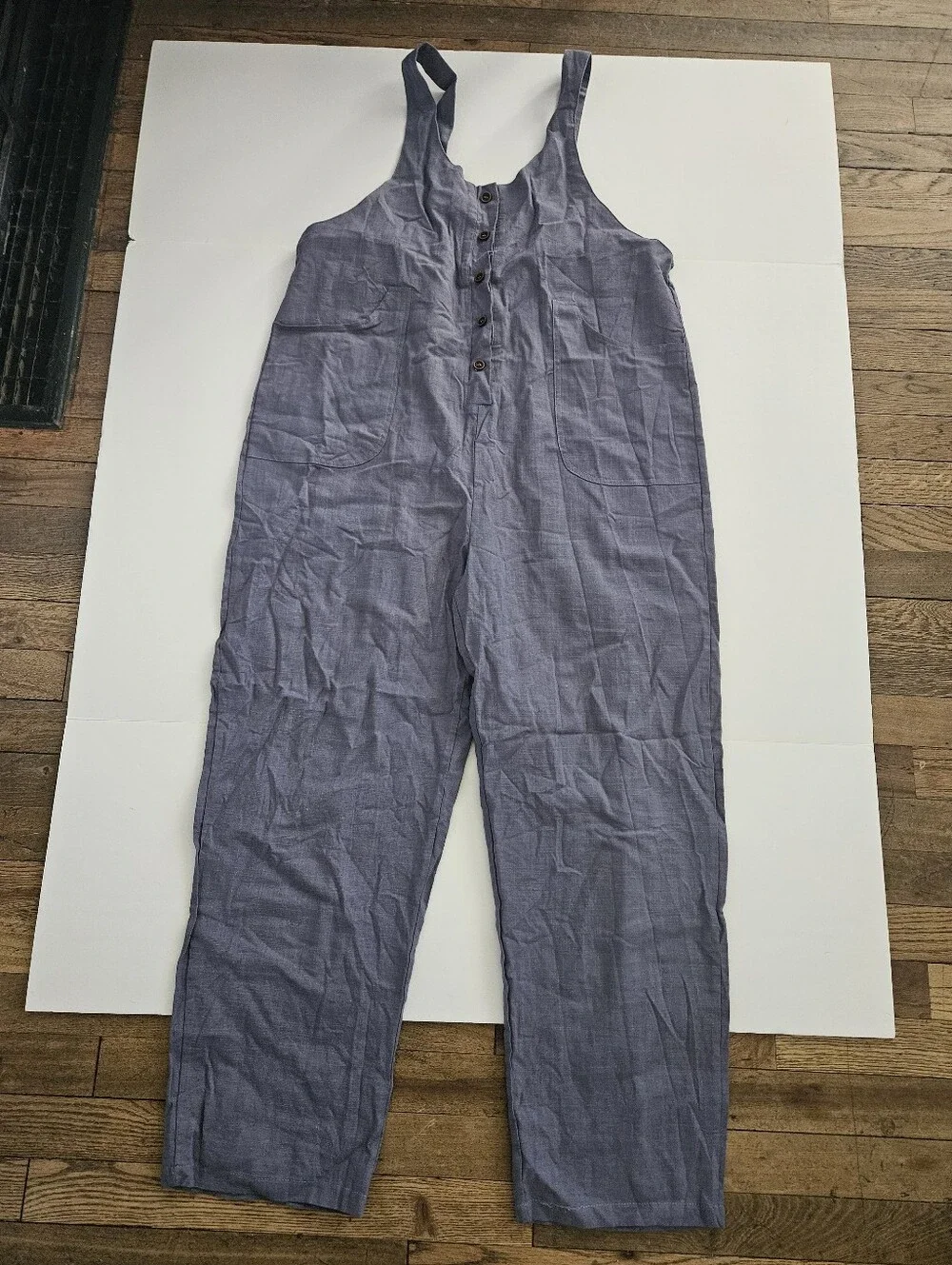 NWT Viral Amazon Free People Inspired Large Linen Overalls Jumpsuit Buttons Blue - Picture 3 of 9